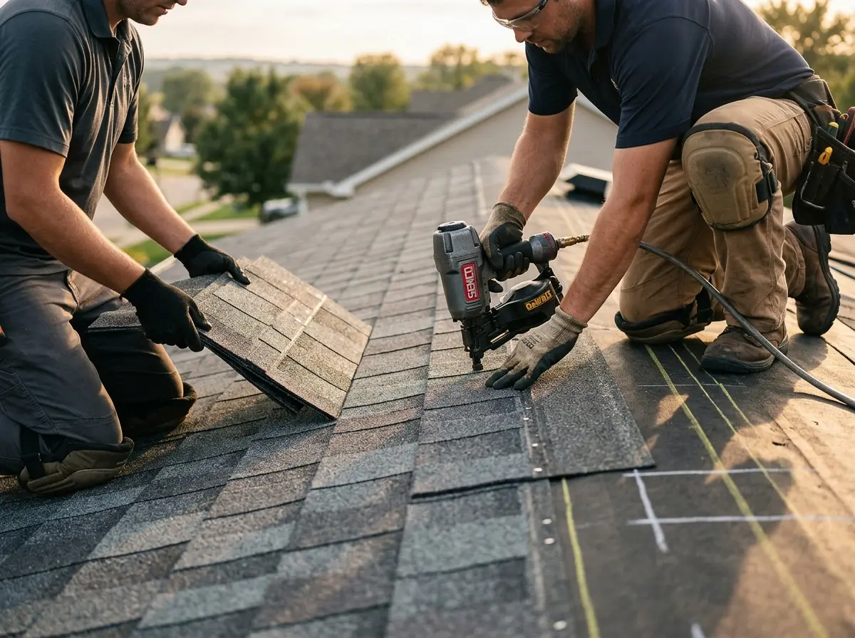 Professional roofer working on a residential roof in Luzerne